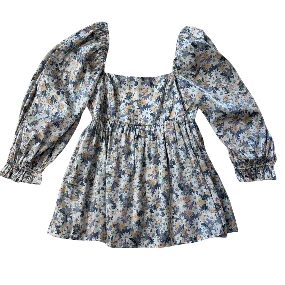 Storia Floral‎ Puff Sleeve Babydoll Top Square Neck Metallic Daisy Print Small